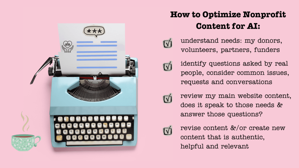 image with a typewriter and a To Do list beside it listing 4 key steps to creating helpful content on your nonprofit website