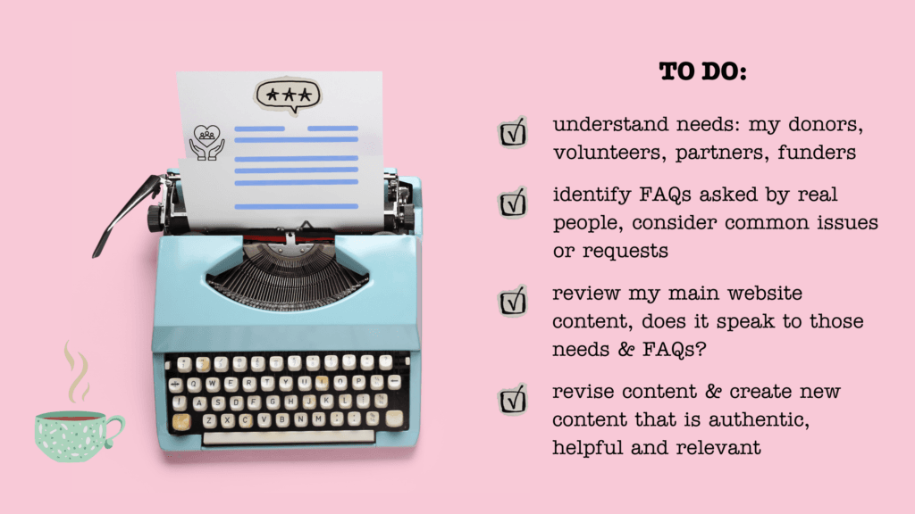 image with a typewriter and a To Do list beside it listing 4 key steps to creating helpful content on your nonprofit website