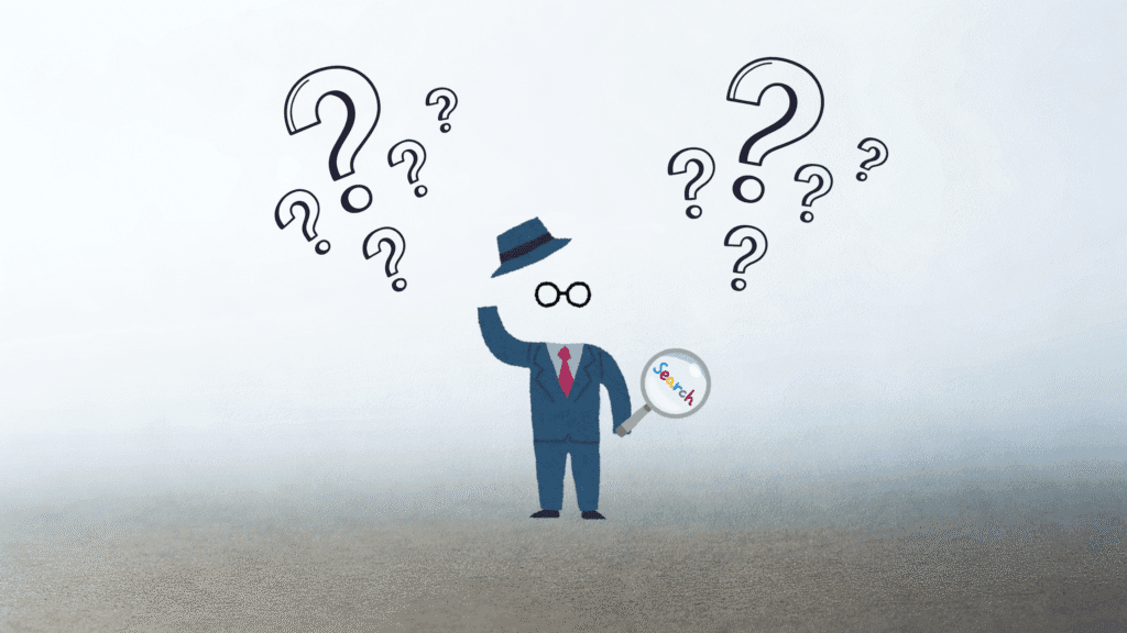 Invisible man surrounded by question marks about search and seo on an opaque background
