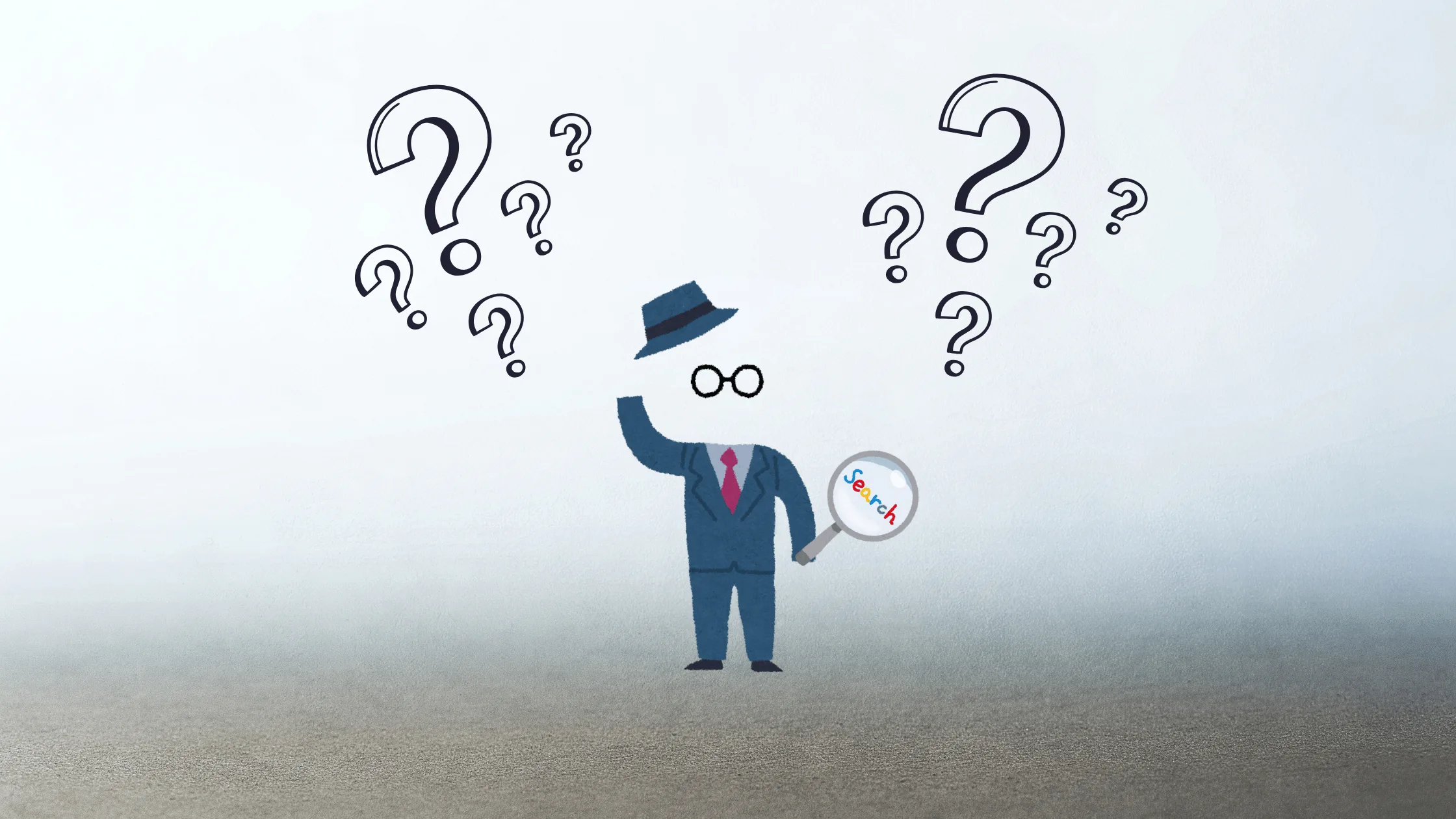 Invisible man surrounded by question marks about search and seo on an opaque background